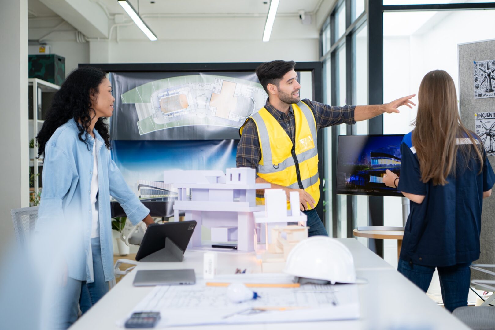 Worker explaining facility management services he will be performing