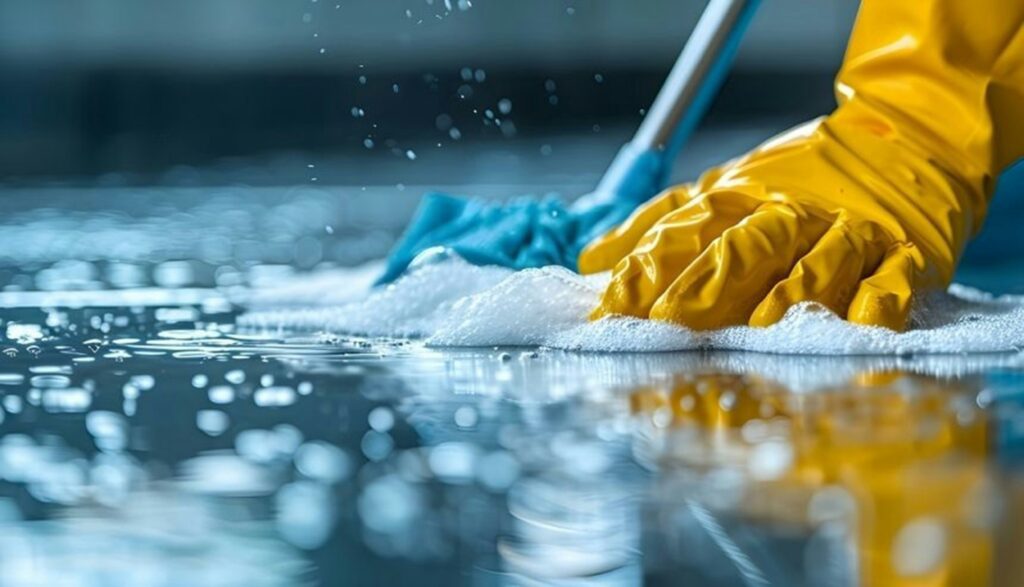 close-up-of-hand-in-yellow-glove-scrubbing-soapy-floor-with-blue-cloth-and-mop
