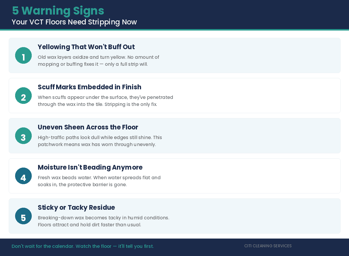 5 warning signs your VCT floors need stripping - yellowing scuffs uneven sheen