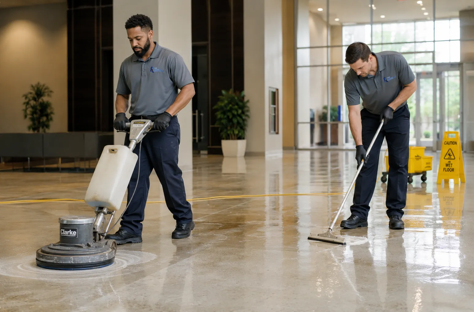 Worker completing commercial cleaning company work for commercial facility management
