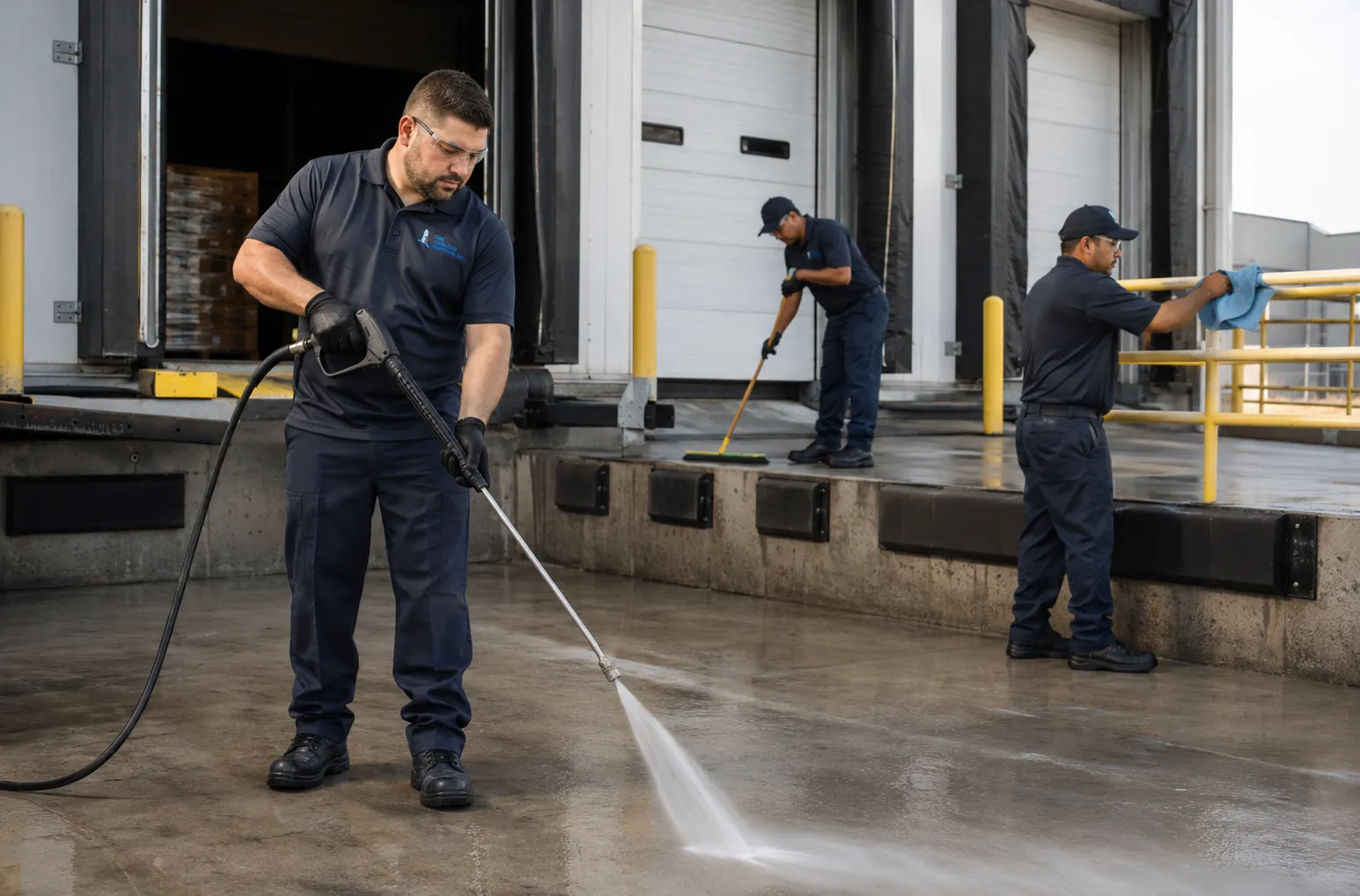 Commercial facility management job pressure washing sidewalk